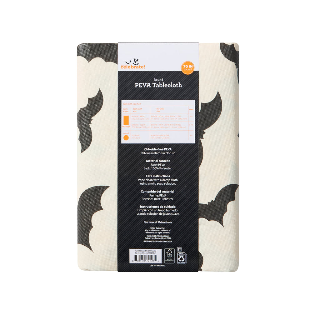 Way To Celebrate Halloween PEVA Tablecloth Indoor & Outdoor Table 70" Round - Bat Toss