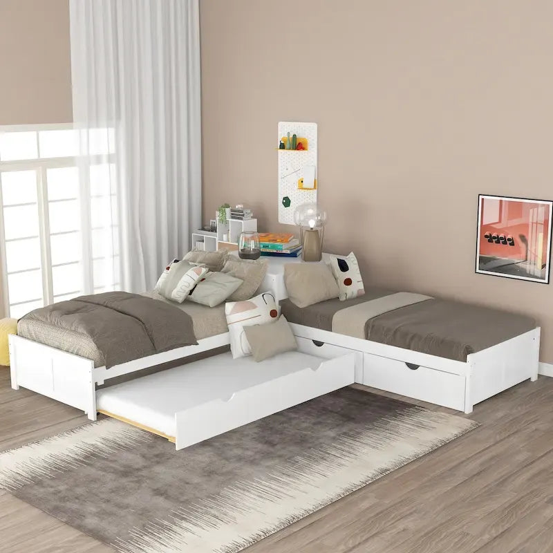 White Twin Size L-Shaped Platform Bed With Trundle And 2 Drawers