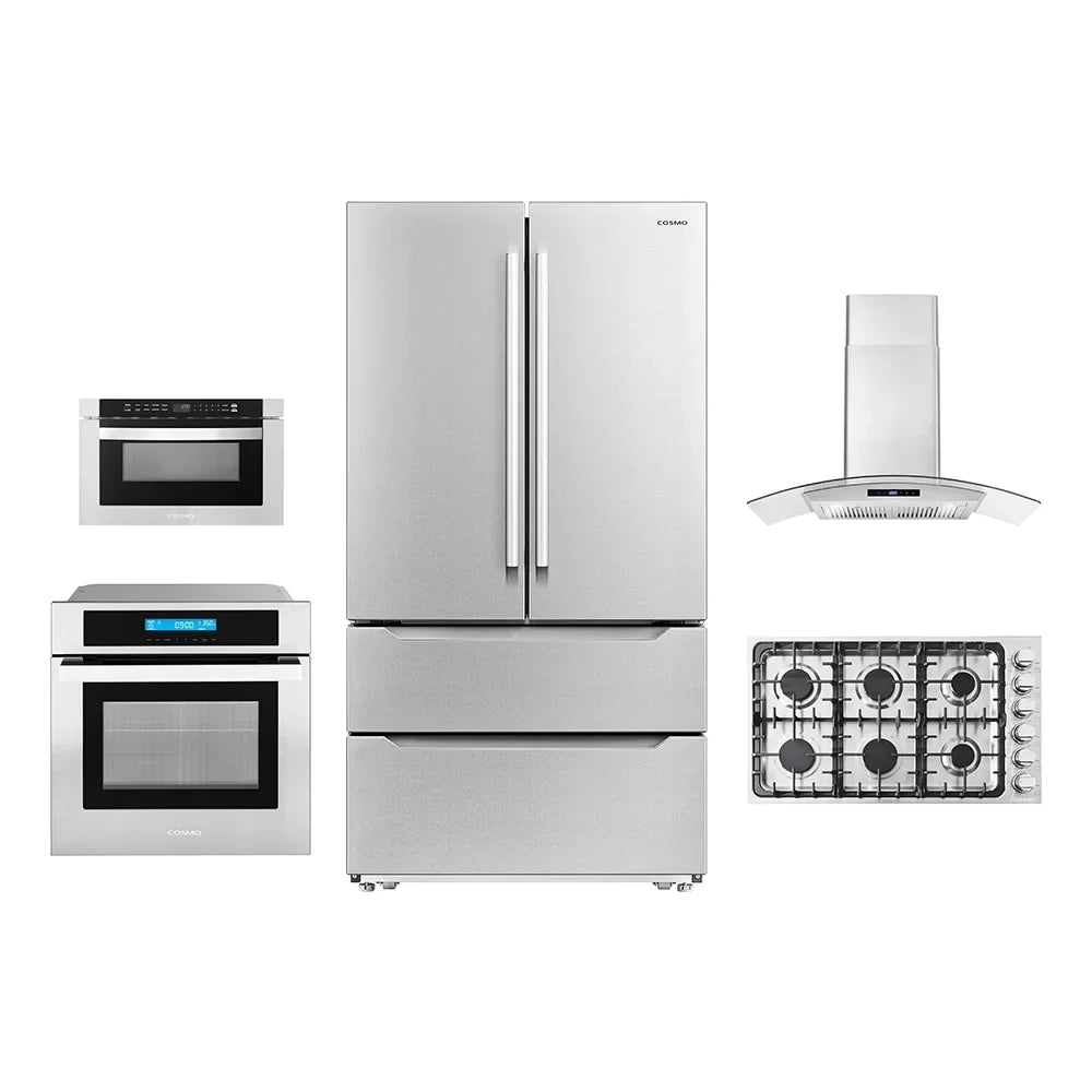 5-Piece Kitchen Package - 36in Gas Cooktop, 36in Range Hood, 30in Electric Wall Oven, 24in Microwave Drawer, French Door Refrigerator