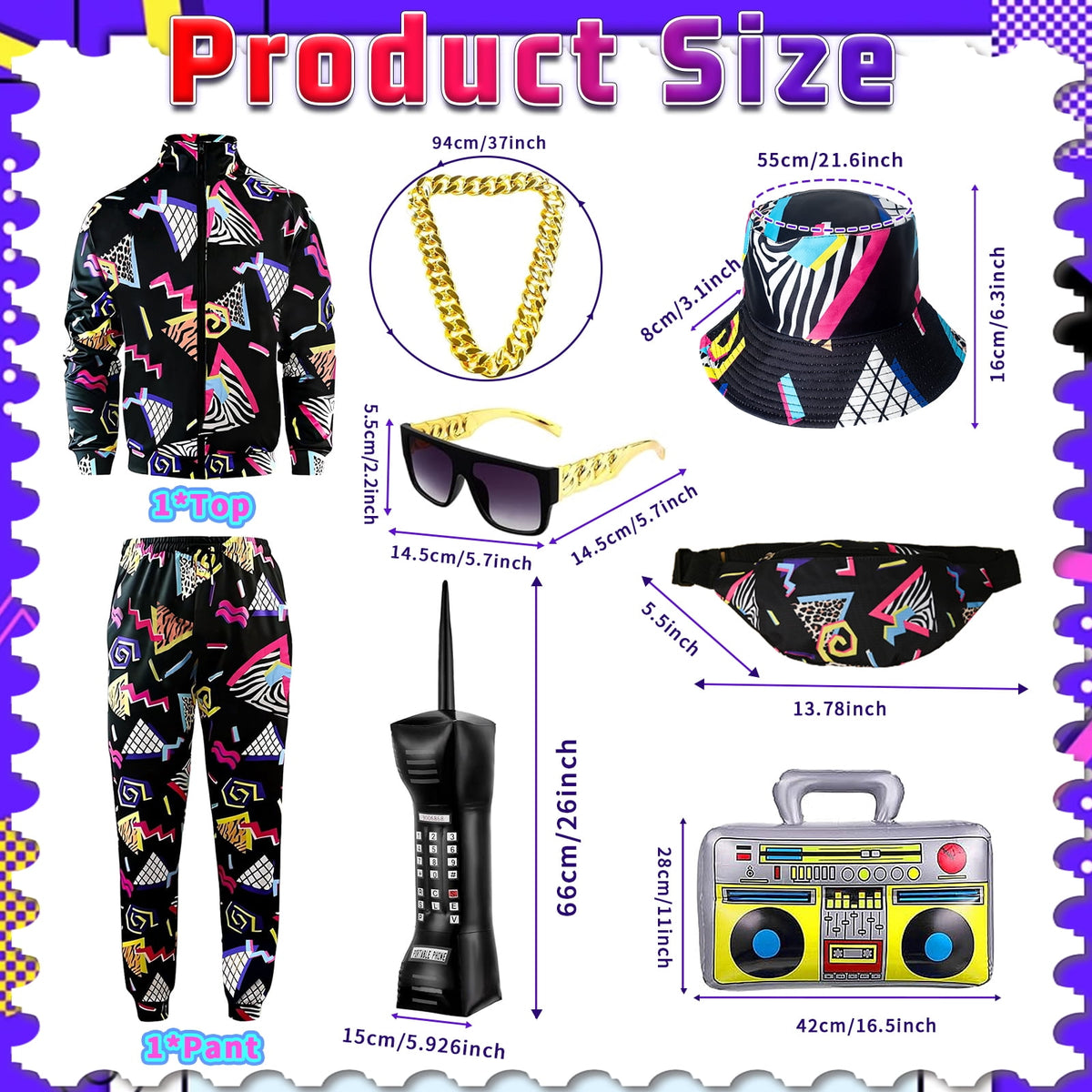 GYQMBT 80s 90s Men's Sportswear, Party Hip Hop Windbreaker 90s Disco Sportswear, 80s Adult Bizarre Costume 8 Piece Set