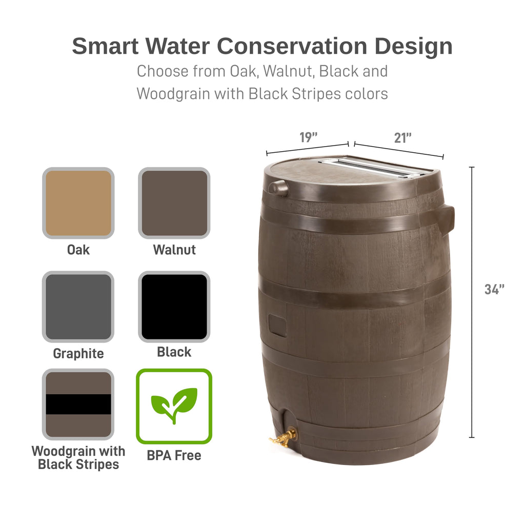50 Gallon Rain Barrel With Brass Spigot And Flat-Back Design