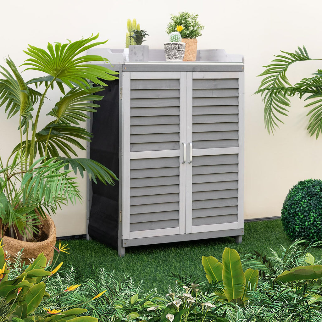 Outdoor Potting Workbench With Metal Tabletop And Garden Storage Cabinet