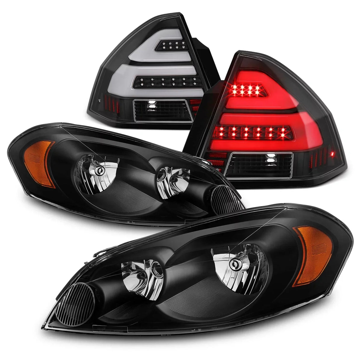 AKKON Black Headlight And LED Tube Bar Tail Light Combo Pair - Fits 2006-2013 Chevy Impala, 2014-2016 Impala Limited