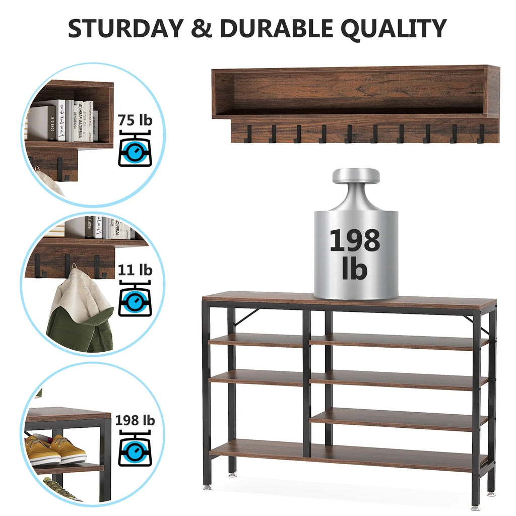 5-in-1 Entryway Hall Tree With Coat Rack, Shoe Bench, 7 Hooks, 3 Cubbies And 3-Tier Shoe Rack