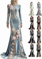 Women Skeleton Dress 3D Print Velvet Floral Long Sleeve Halloween Costumes, Skeleton Costume for Women Cosplay Party