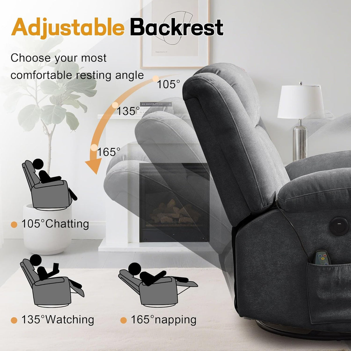 Korser Swivel Rocker Recliner Chair With Massage, Heating, USB Charging And Storage