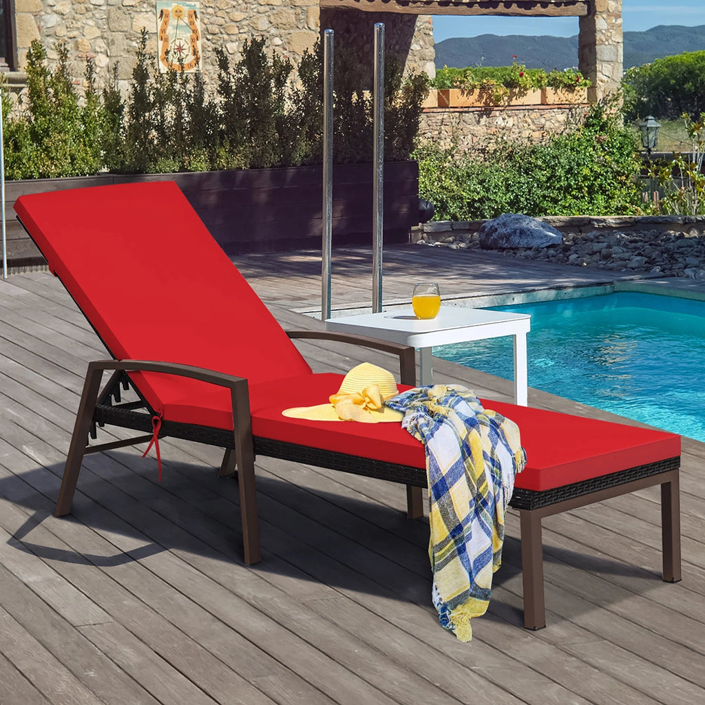 Costway 2 PCS Patio Rattan Chaise Lounge Chairs With Adjustable Backrest And Cushions - Red