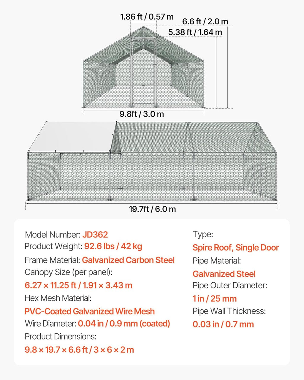 VEVOR Walk-In Metal Chicken Coop With Cover, 19.7 x 9.8 x 6.5 ft, Spire Roof And Security Lock