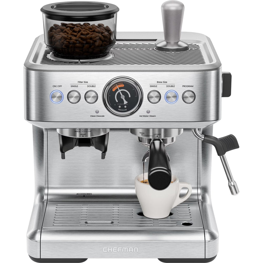 Chefman Crema Supreme Espresso Machine With Conical Burr Grinder And Steam Wand, Stainless Steel - RJ54-G-SS