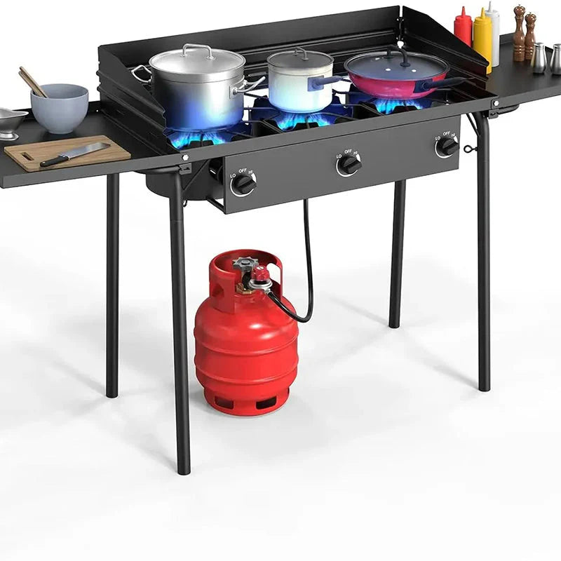 3-Burner Propane Gas Stove With 2 Side Shelves, Removable Legs, Wind Panel And Regulator