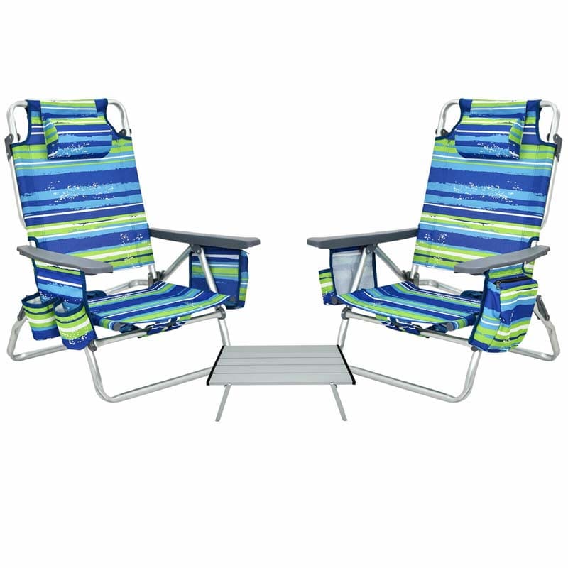 2-Pack 5-Position Outdoor Folding Backpack Beach Chairs With Side Table Set