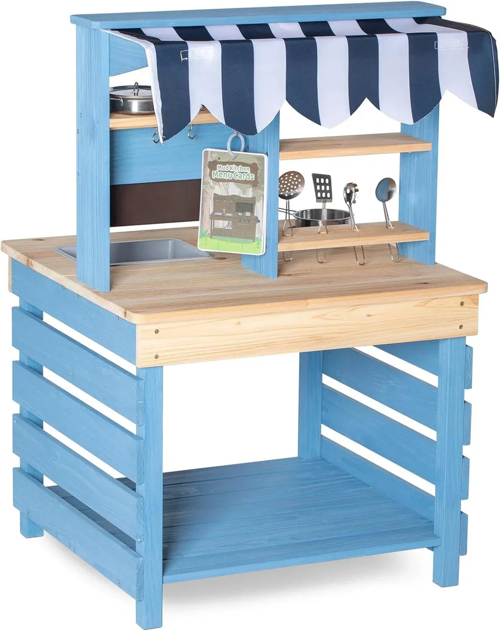 Brinjoy Kids Mud Kitchen Playset, Double-Sided Wooden, Blue, 22.5 x 21.5 x 33.5 in