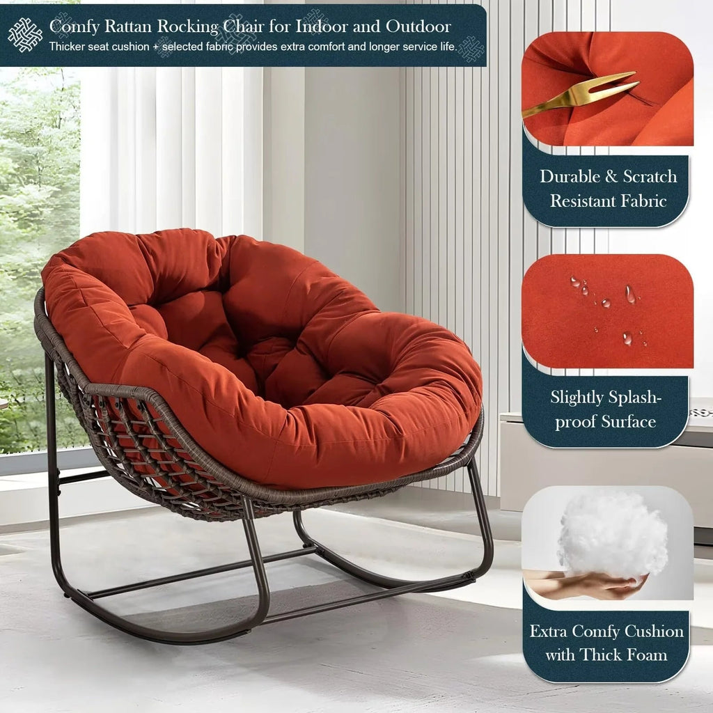 Outdoor Papasan Rocking Chair With Thick Cushion, Grey - 43.70in D x 37.20in W x 31.50in H