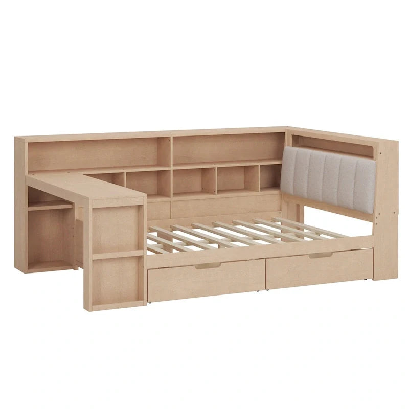 Ivery Furniture L-Shaped Wooden Twin/Full Daybed With Desk, Bookcase, Drawers And RGB Light - Natural/White