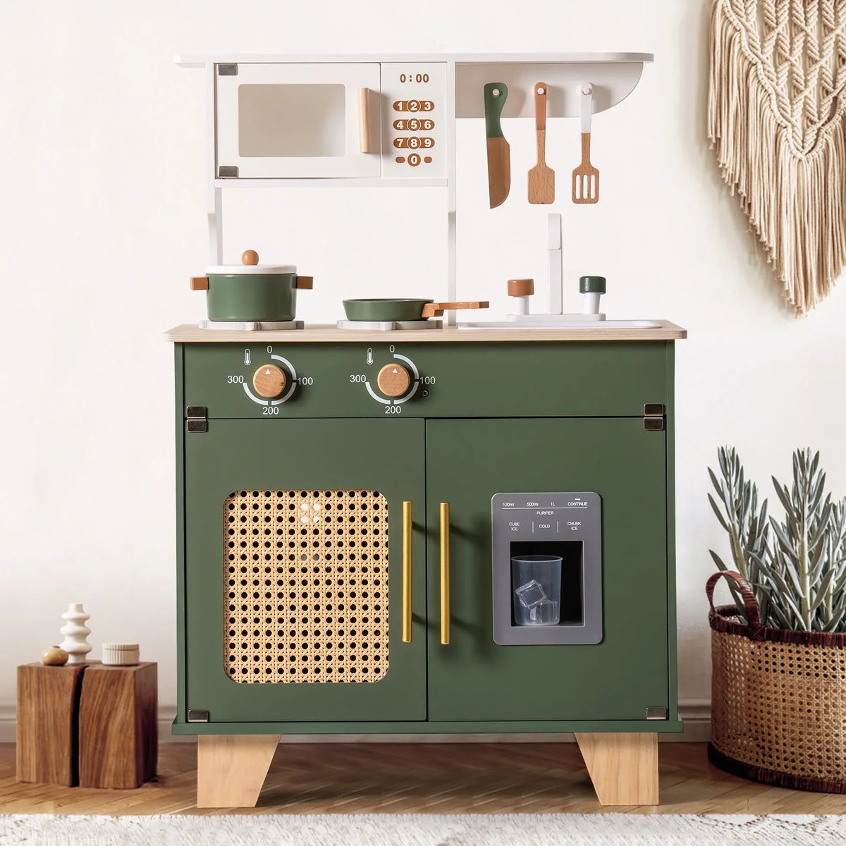 Robud Wooden Kids Kitchen Play Set With Ice Maker, Vintage Green, Ages 3+ - 21.65 x 11.65 x 31.5 in