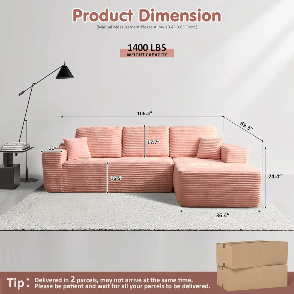 ovios 104in L-Shape Sectional Sofa With Chaise, Grey Plush Corduroy Fabric