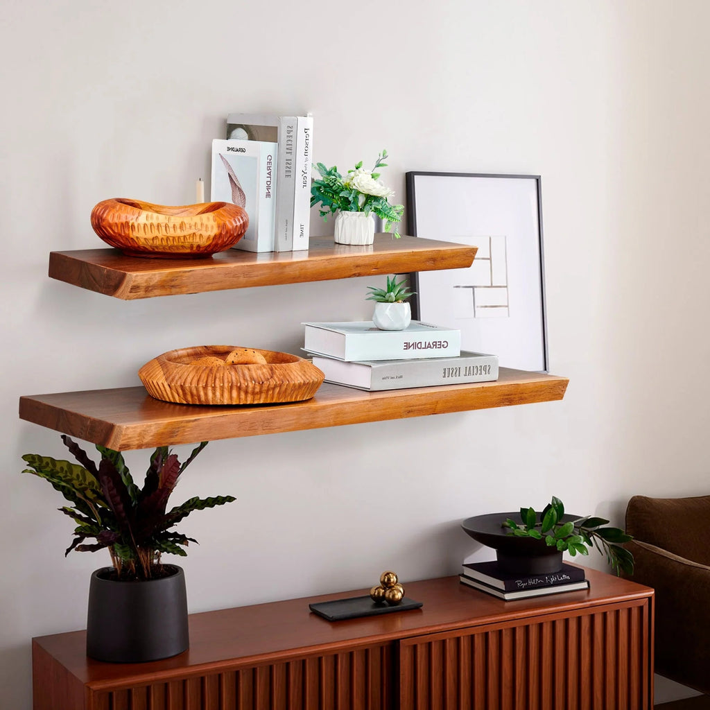 1 Piece Teak Wood Live Edge Rustic Floating Wall Shelf - 24, 36, 42