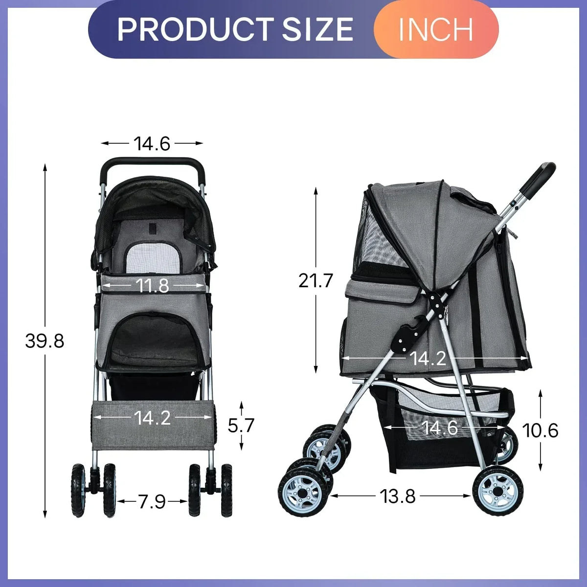 Dkelincs 4-Wheel Foldable Dog Cat Stroller Travel Carrier, Grey - 29.5in L x 18.9in W x 39.8in H