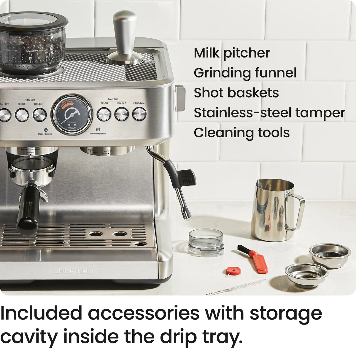 Chefman Crema Supreme Espresso Machine With Conical Burr Grinder And Steam Wand, Stainless Steel - RJ54-G-SS