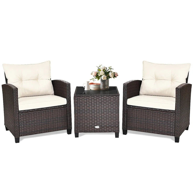 3-Piece Rattan Patio Conversation Set With Cushions And Coffee Table