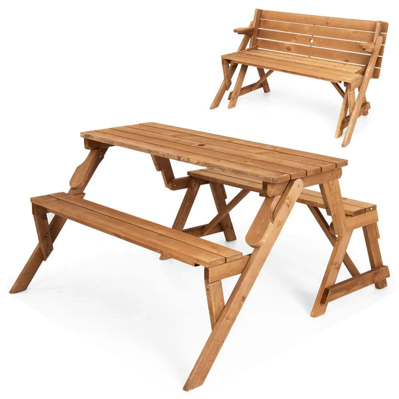2-in-1 Convertible Fir Wood Picnic Table And Garden Bench, 4-Person, Dark Golden Brown - 56 x 53 x 30 in