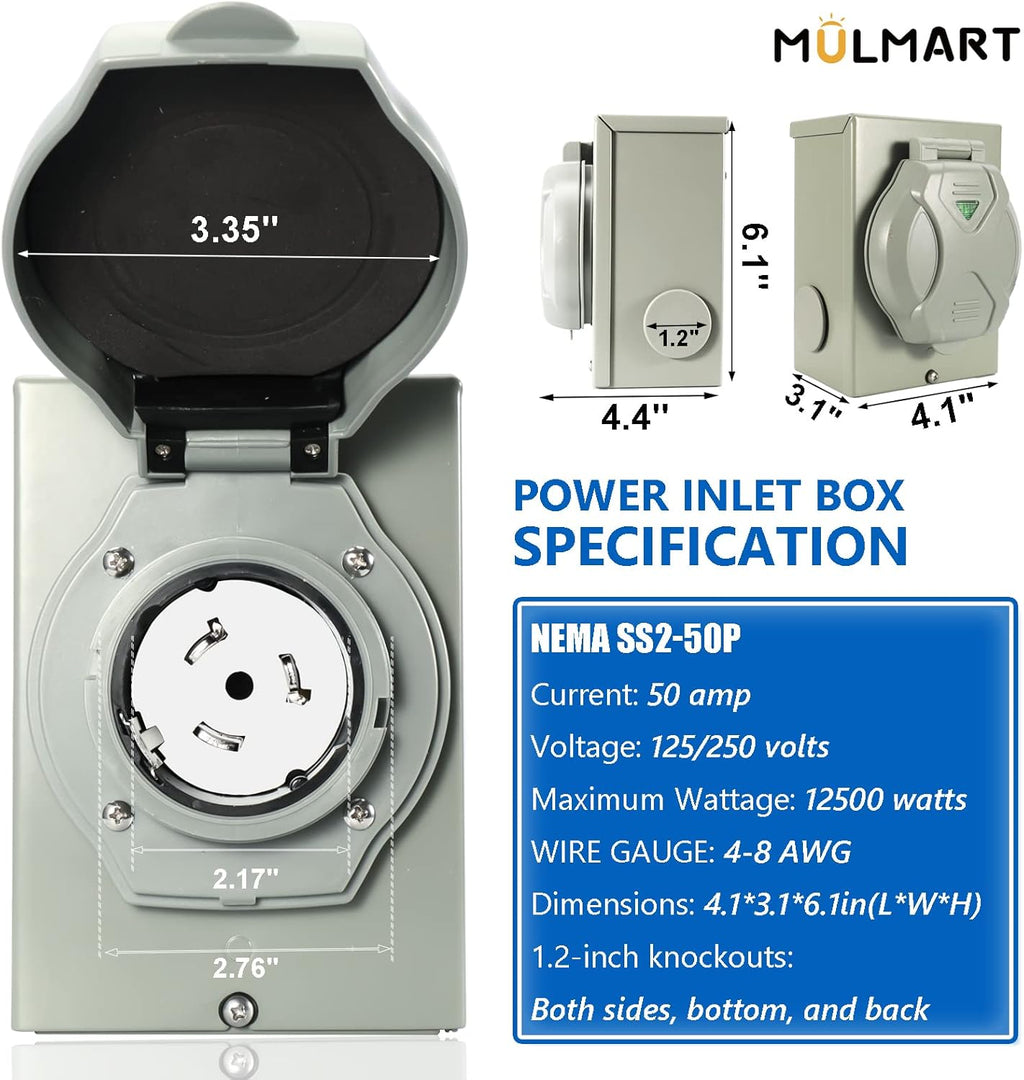 50 Amp Generator Cord And Power Inlet Box, 30FT, 125/250V - PB50