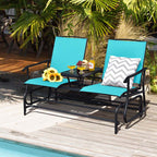 2-Person Outdoor Bench Glider Chair With Center Table, Mesh Fabric, 57 x 28 x 38 in