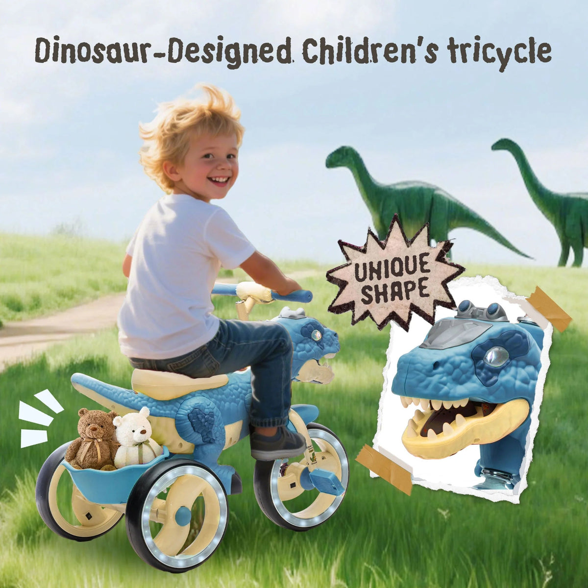Xuanlur Kids' Dinosaur Tricycle With Flash Wheels, Music And LED Lights - Green