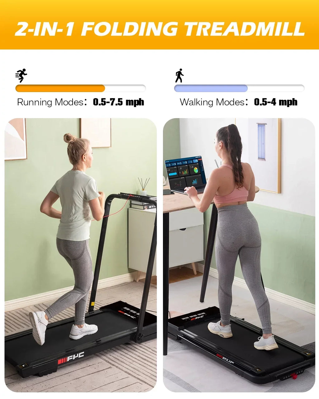 FYC 3.5HP 2-in-1 Foldable Under Desk Treadmill, 300 LBS Capacity, 15.8 x 41.3 in Belt - Black