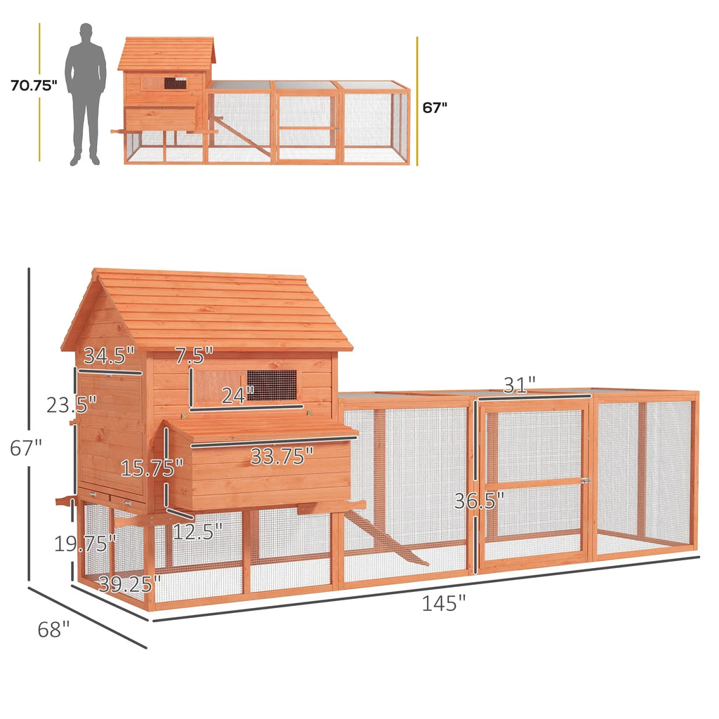 PawHut Wooden Chicken Coop With Run And Inner Hen House Space - 145 in