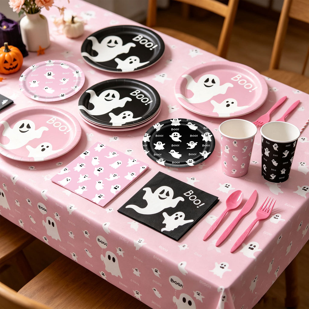 50/73/93Pcs Halloween Boo Party Tableware Supplies Decorations, Spooky Ghost Plates Napkins Boo Ghost Tableware Tablecloth Banner for Halloween Birthday Party Boo Baby Shower Party Supplies