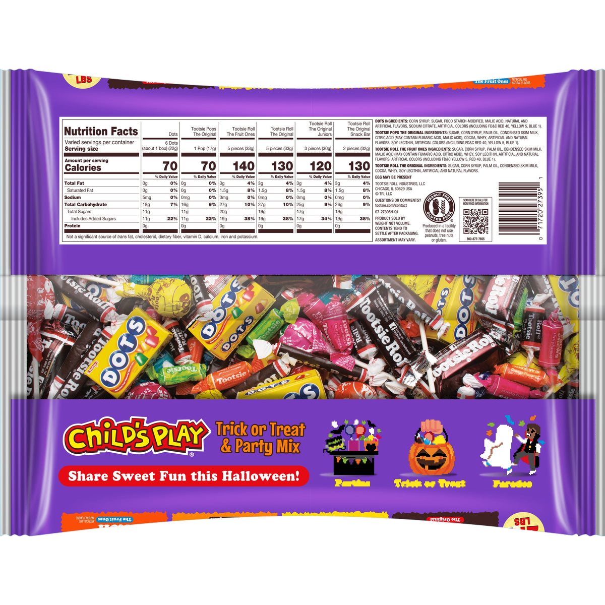 Child's Play Halloween Assorted Candy, 39.55 oz. Bag Peanut-Free, Gluten Free, Contains Milk.