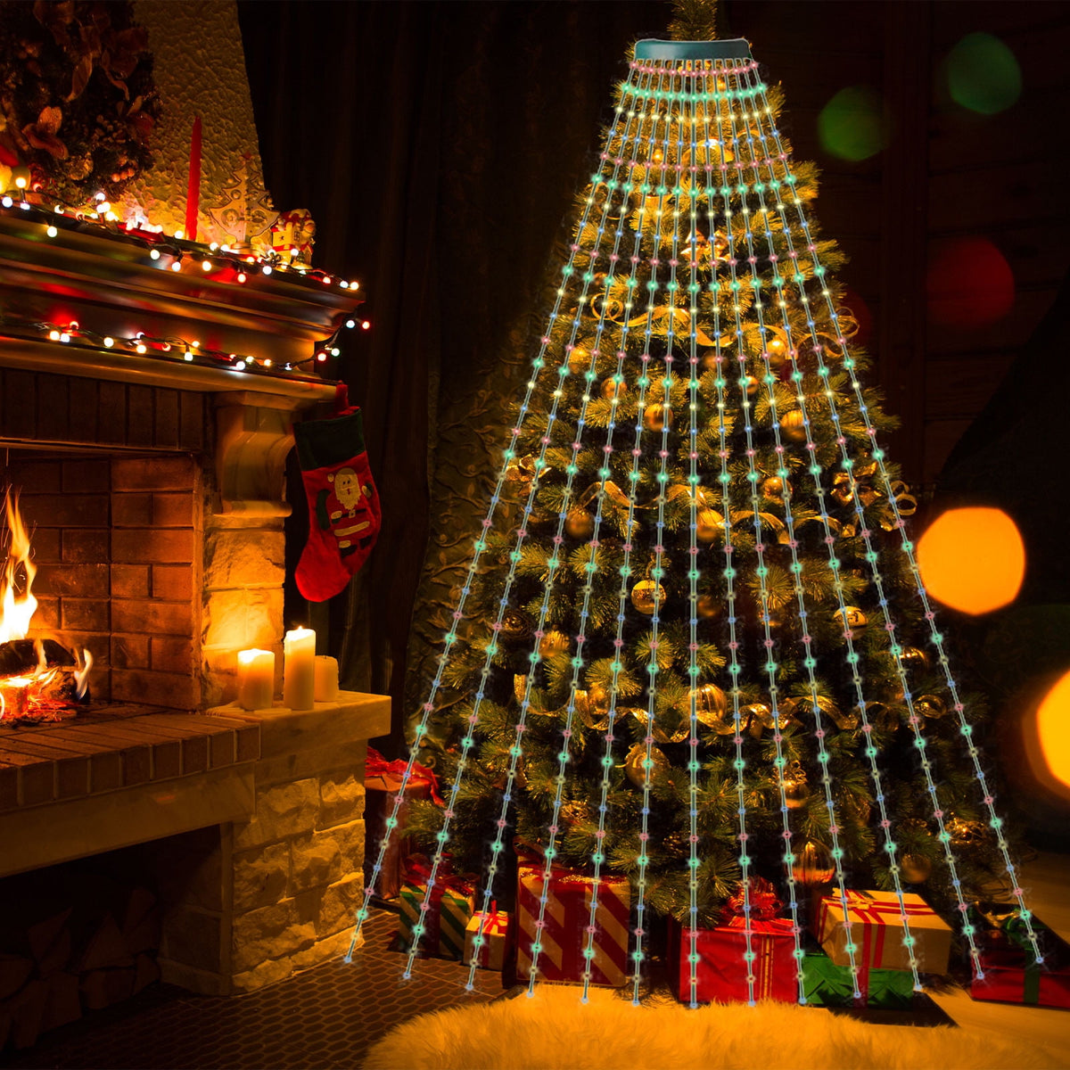 AYktou Christmas Tree Lights 6.56ft 16 Lines LED Waterfall Lights Waterproof Xmas Tree Topper Lights with Remote and USB Powered Christmas Lights for Halloween Xmas Year Holiday