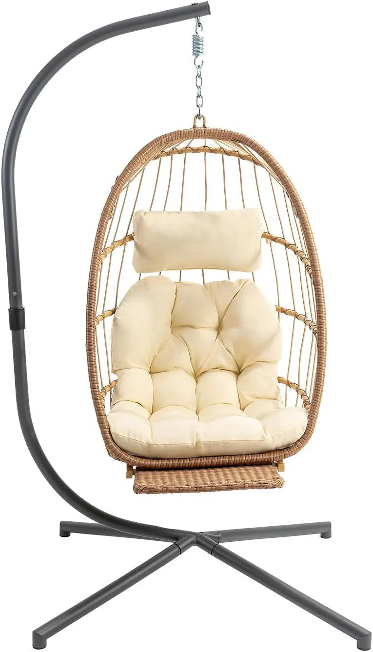 Yechen Indoor Outdoor Wicker Hanging Egg Chair With Stand, 38 x 38 x 78 Inches, 350 lbs, Charcoal Grey - EG-001