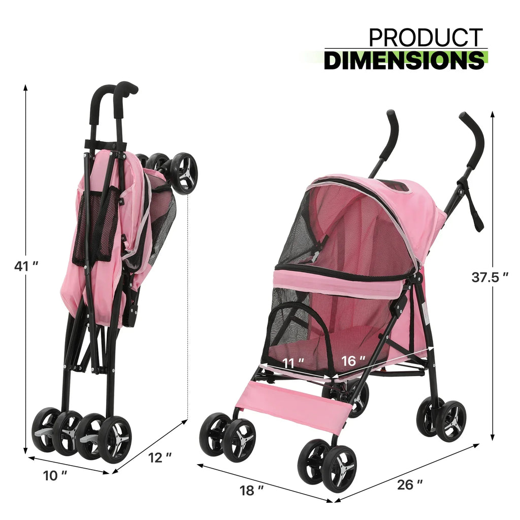 Magshion 4 Wheel Foldable Pet Stroller for Small Medium Dogs, Pink, 22 lbs