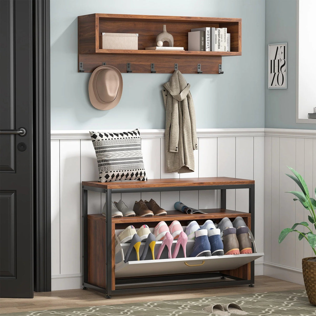 5-in-1 Entryway Hall Tree With Coat Rack, Shoe Bench, 7 Hooks, 3 Cubbies And 3-Tier Shoe Rack
