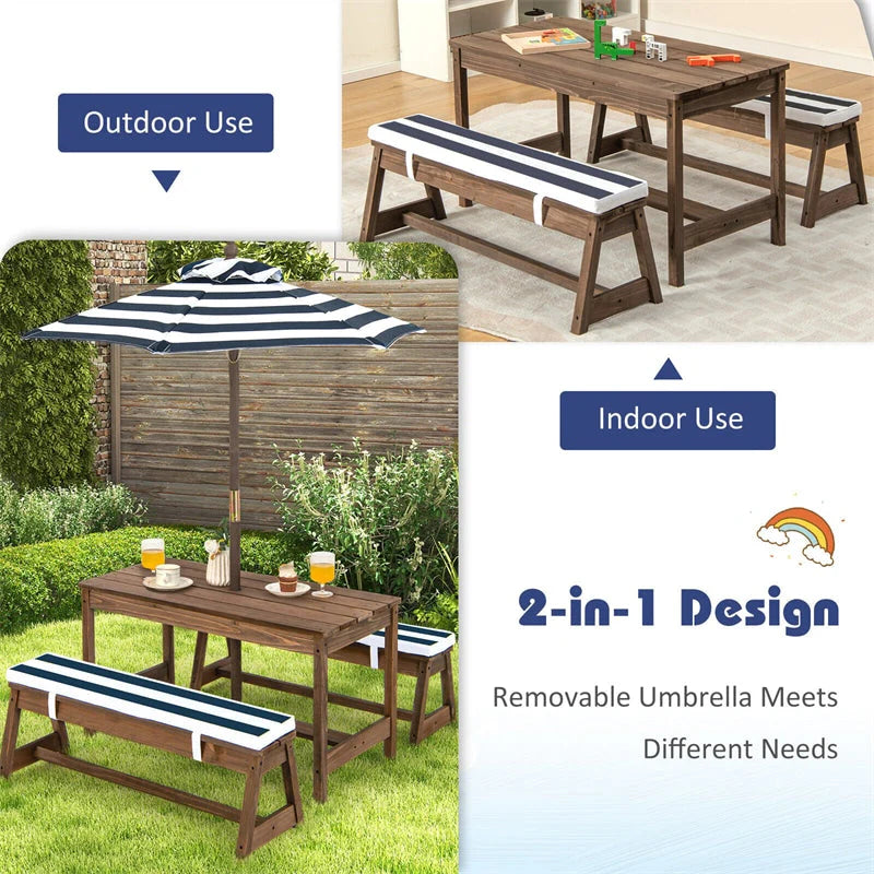 Wooden Kids Picnic Table Bench Set With Cushions And Height-Adjustable Umbrella - 35 in