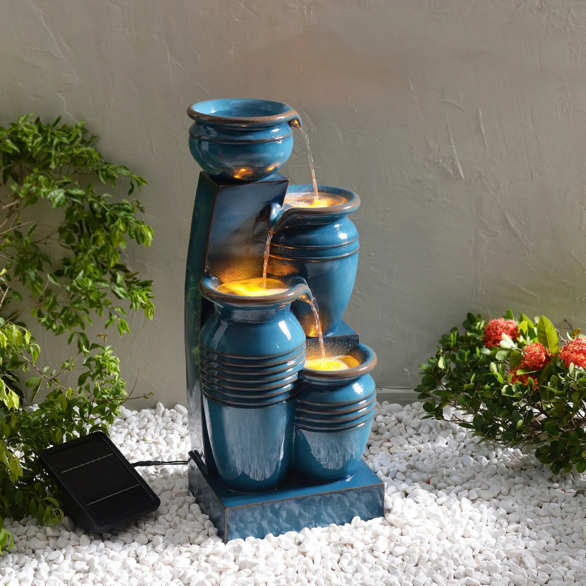 Teamson Home 28.74 in Solar 4-Tier Cascading Bowl Water Fountain With LED Lights - Navy