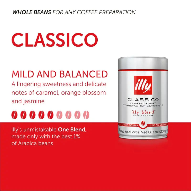 illy Classico Medium Roast Whole Bean Coffee, 100% Arabica, 8.8 oz, 6 Pack - 8003753154497