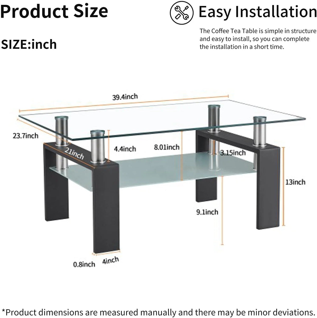 SEGMART Glass Coffee Table With Lower Shelf, 39.4 x 24 x 17.7 in - L5509