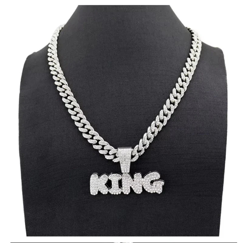 Full Diamond King Football Pendant Necklace With 20in Cuban Link Chain, 13mm Width