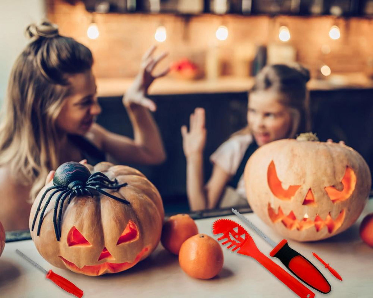 Halloween Pumpkin Carving Kit - 4 Carving Tools and 8 Paper Stencils Patterns for Kids and Adults