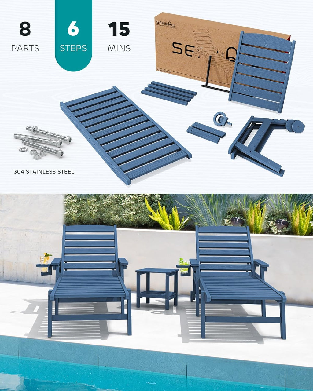 SERWALL Patio Chaise Lounge Chair Set Of 2, 78 Inch, 5-Position Adjustable, HDPE - Blue