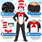 4-Piece Cat Halloween Cosplay Costume for Kids, Scary Cat Jumpsuit Set with Mask, Striped Hat & Bow Tie for Boys & Girls, Ages 11-12