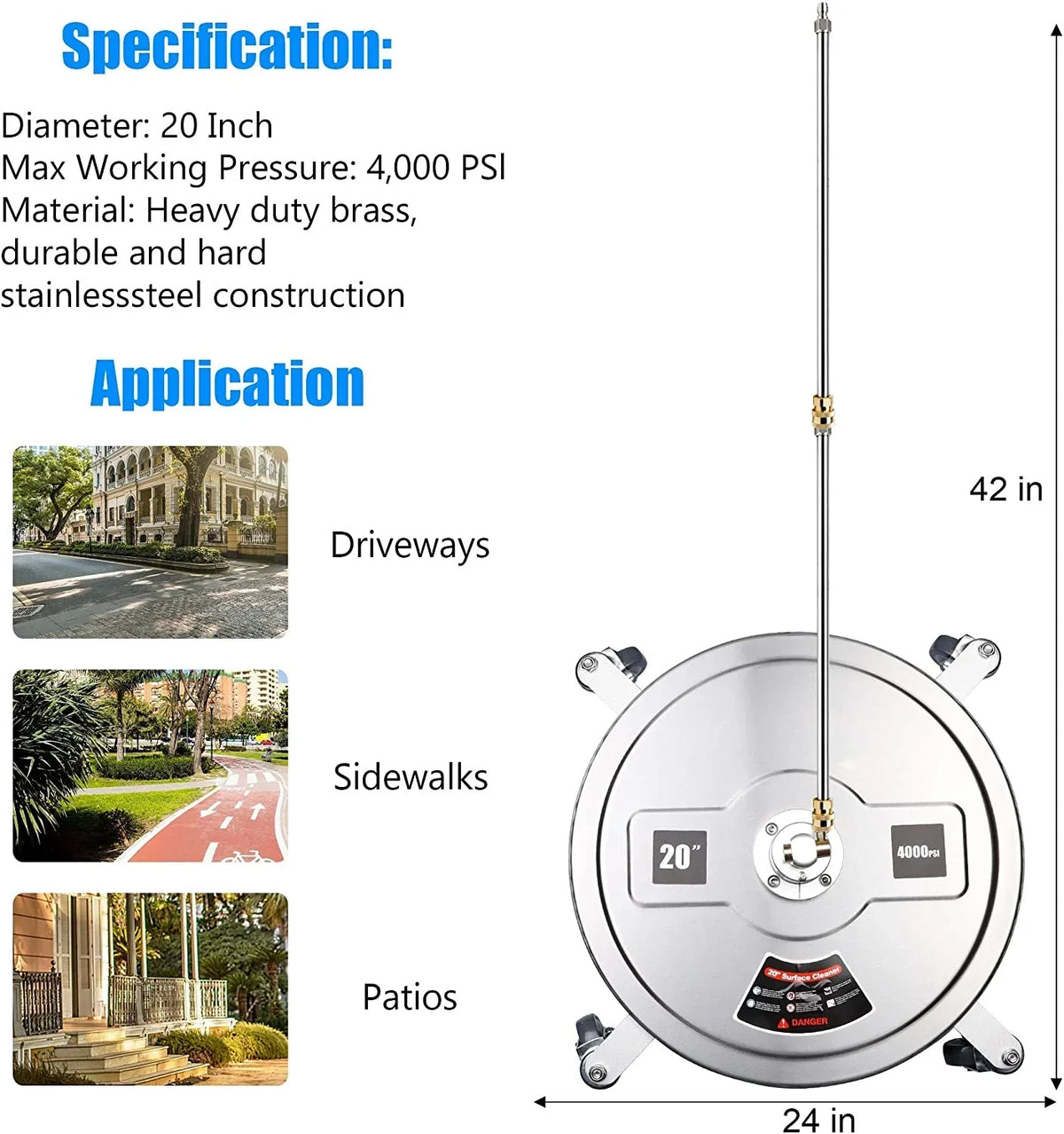 Twinkle Star 15 Inch Stainless Steel Pressure Washer Surface Cleaner With 2 Extension Wands And 2 Replacement Nozzles