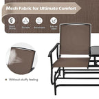 2-Person Outdoor Bench Glider Chair With Center Table, Mesh Fabric, 57 x 28 x 38 in
