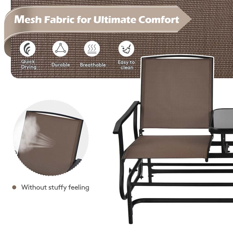 2-Person Outdoor Bench Glider Chair With Center Table, Mesh Fabric, 57 x 28 x 38 in