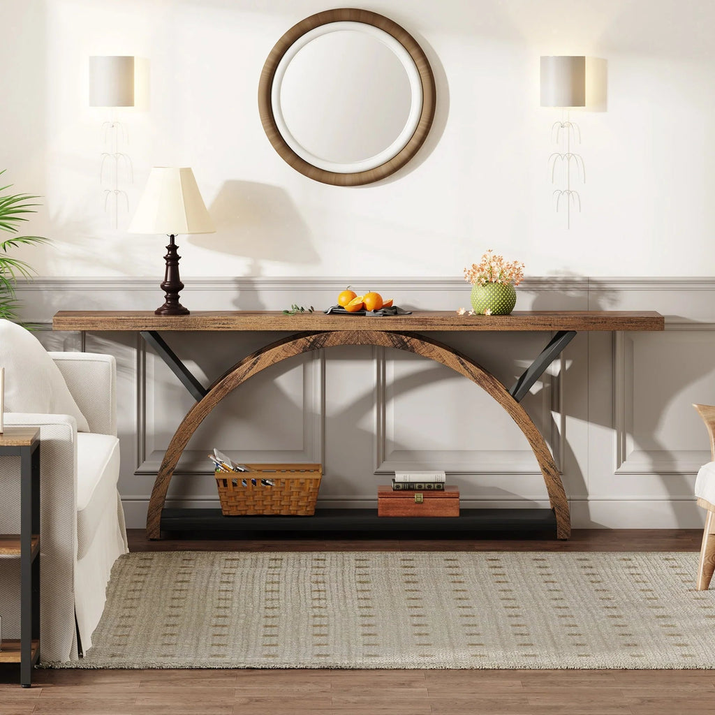 2-Tier Slim Console Sofa Table, Engineered Wood and Metal - 11.81 in D x 70.87 in W x 33.46 in H