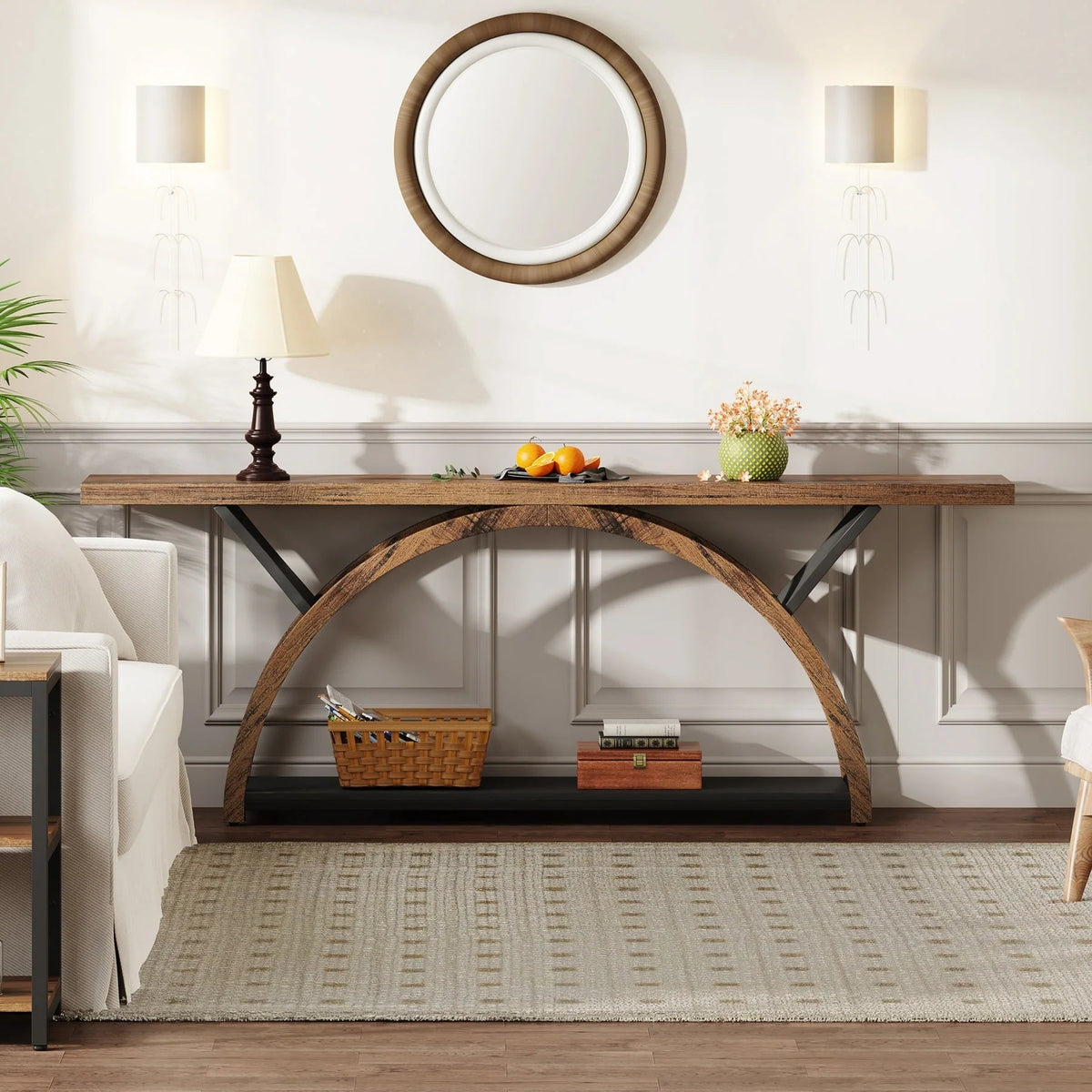 2-Tier Slim Console Sofa Table, Engineered Wood and Metal - 11.81 in D x 70.87 in W x 33.46 in H