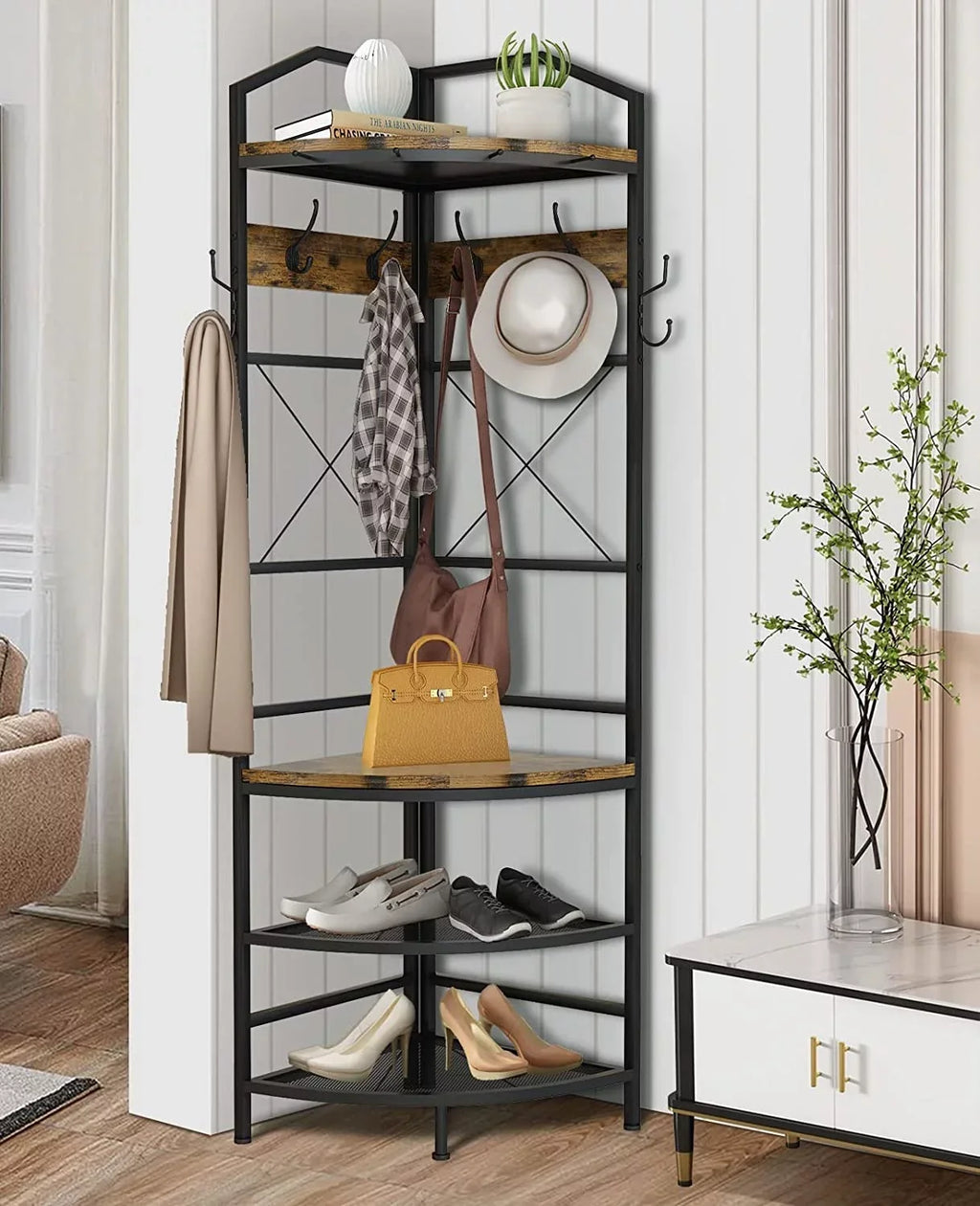 Corner Coat Rack Hall Tree With Shoe Bench, 6 Metal Hooks, Rustic Brown And Black, 17.72in x 17.72in x 72.05in